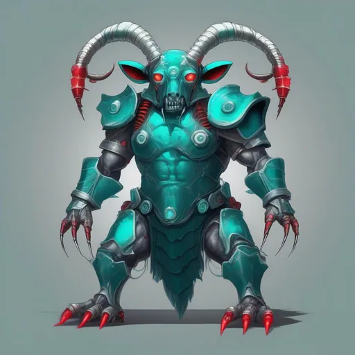 Prompt: Minotaur, fur dark teal and covered in teal insect-like armor, electrified ant antennae, silver and grey with red gears tail, chordophone, best quality, masterpiece, in 2D illustration Style 