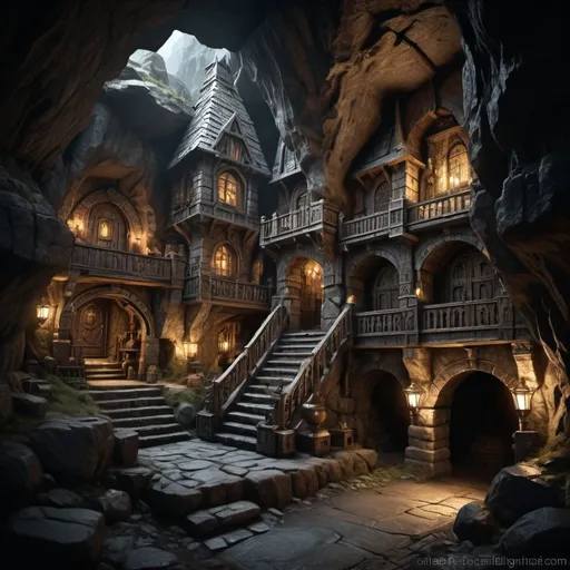 Prompt: Dwarven underground town in Warhammer fantasy RPG style, huge cave, dark mood, eerie atmosphere, dimly lit, various randomly placed houses, realistic, detailed stone carvings, intricate metalwork, rugged dwarven architecture, atmospheric lighting, high quality, RPG style, fantasy, underground, dim lighting, detailed stone carvings, intricate metalwork, rugged architecture, dynamic view, seen from distance,