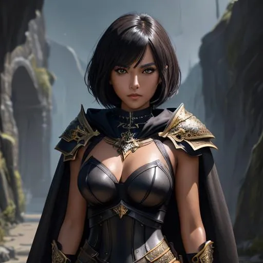 Prompt: masterpiece, splash art, ink painting, beautiful pop idol, D&D fantasy, (25 years old) lightly tanned-skinned human girl, ((beautiful detailed face and large eyes)), determined expression, short hazel cut hair, serious expression looking at the viewer, wearing detailed splint armor and a dark cloak in a dungeon #3238, UHD, hd , 8k eyes, detailed face, big anime dreamy eyes, 8k eyes, intricate details, insanely detailed, masterpiece, cinematic lighting, 8k, complementary colors, golden ratio, octane render, volumetric lighting, unreal 5, artwork, concept art, cover, top model, light on hair colorful glamourous hyperdetailed medieval city background, intricate hyperdetailed breathtaking colorful glamorous scenic view landscape, ultra-fine details, hyper-focused, deep colors, dramatic lighting, ambient lighting god rays, flowers, garden | by sakimi chan, artgerm, wlop, pixiv, tumblr, instagram, deviantart