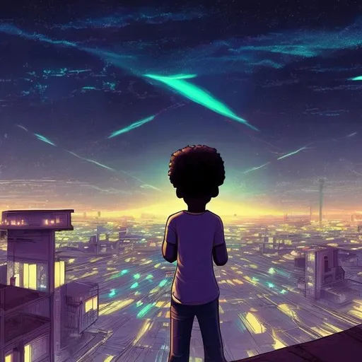 Prompt: modern African kid looking at the night sky in the middle of a futuristic town cyberpunk