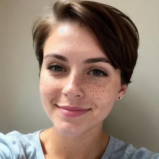 Prompt: Selfie from woman with few freckles with short brown hair