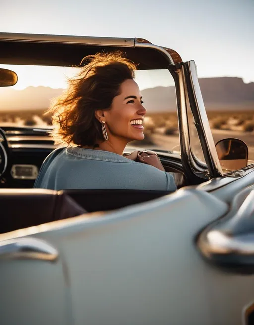 Prompt: A woman looks out happily from a vintage convertible driving down an open desert highway in the American southwest at sunrise. Shot with a 85mm lens on a Fujifilm X-T3. The mood is free, wanderlust, carefree. In the style of Samantha Borges. 