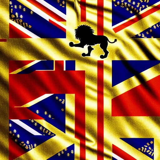 Prompt: British flag design designed from the coats of arms of the British royal family with lion and horse patterns embroidered with gold and silver gilded silver threads on the British flag