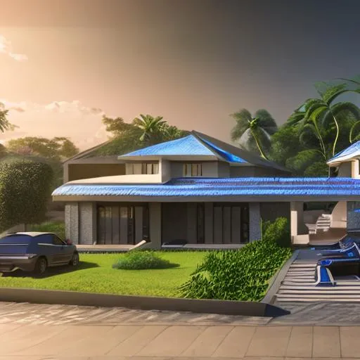 Prompt: modern design of beautiful detailed  2 story family house with a cobalt roof and intricate and artistic congolese minerals details in small detailed beautiful modern kinshasa, volumetric natural light wakanda style, cinematic light, ultra realistic, vray, far view, perspective landscape