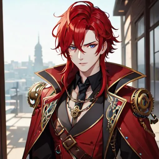 Prompt: Zerif 1male (Red side-swept hair covering his right eye) steampunk, UHD, 8K, highly detailed