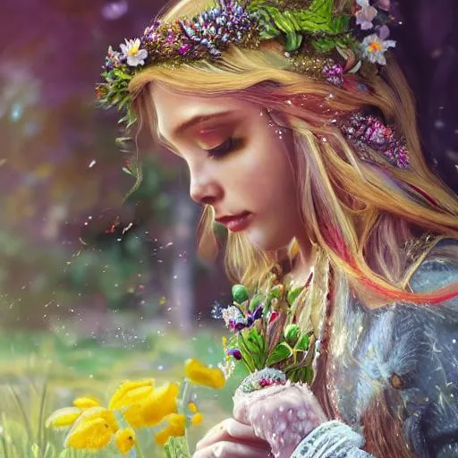 Prompt: Girl, wide angle shot, photorealistic, hyperdetailed, soft light, playing ocarina, intricate details, urban aesthetic, freckled, sunrise, flowers in hair, detailed eyes, long blonde hair, elven, fairycore outfit, serene, animated, oil painting, splash art