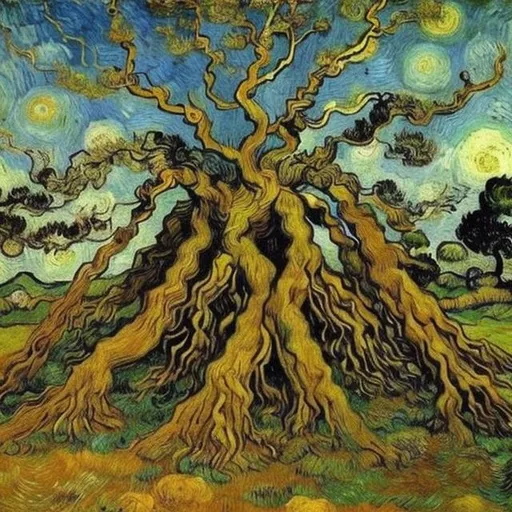 Prompt: giant tree roots by van gogh and da vinci monet 