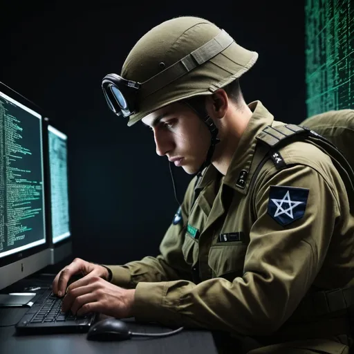 Prompt: IDF soldier cracking computer code together, dark theme