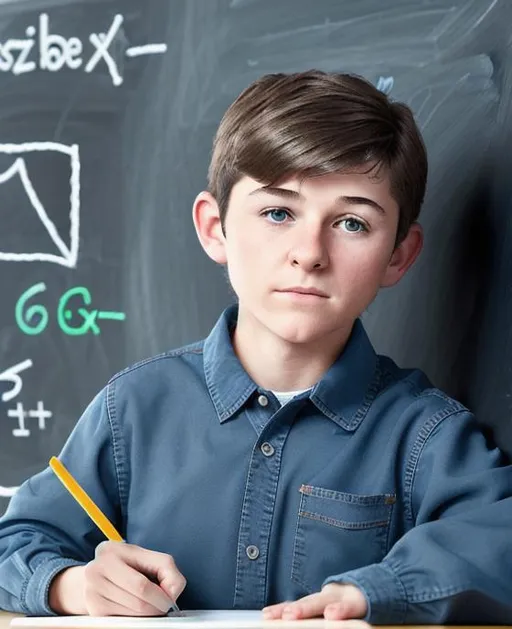 Prompt: A photorealistic image of a young boy (10-12 years old) writing an algebra problem on a blackboard in a school classroom. The boy is wearing a blue shirt and jeans, and he has short brown hair. The blackboard is white, and the chalk is pastel colors. The boy is writing the problem carefully, and he looks focused and determined. The classroom is well-lit, and there are other students in the background, but they are not in focus. The image is taken from a low angle, and the boy is framed in the foreground. The background is blurred, and there is a sense of depth to the image.
