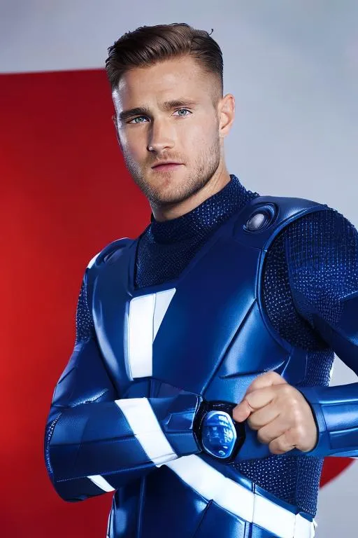 Prompt: southampton's luke shaw wear blue power ranger rpm suit, full body