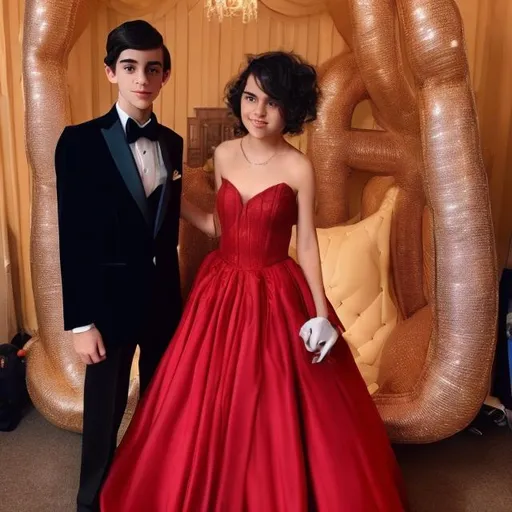 Prompt: Boy in a tuxedo holding his magic wand and standing next to his girlfriend who is in a big red puffy ball gown at prom