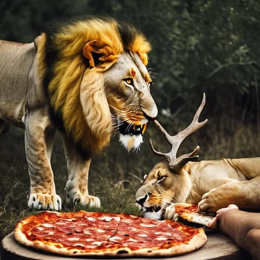 Prompt: LION EATING PIZZA WITH DEER