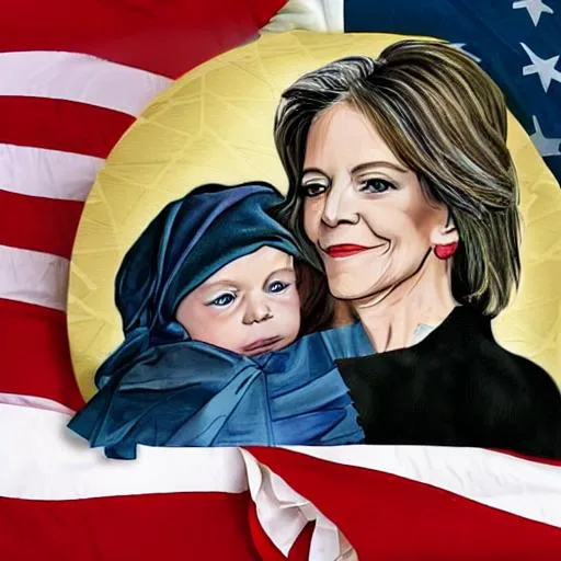 Prompt: 2024 Presidential Campaign Marianne Williamson nurturing baby loosely swaddled in American flag digital art in style of FDR New Deal program pamphlet 