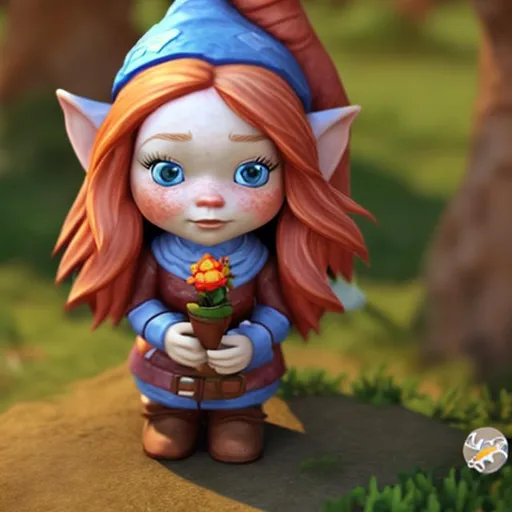 Prompt: Female Gnome redhead blue eyes and freckles