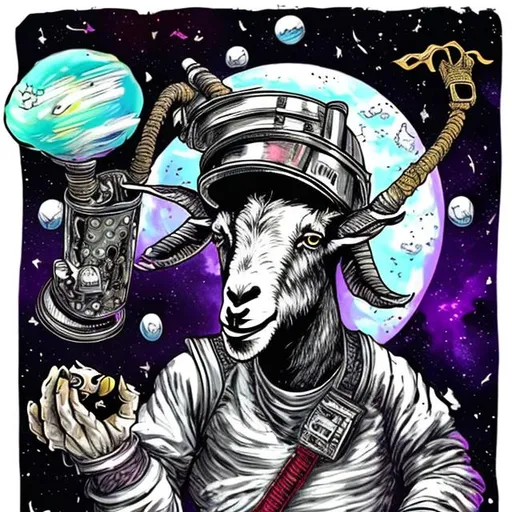 Prompt: A goat in space with a hooker pipe
