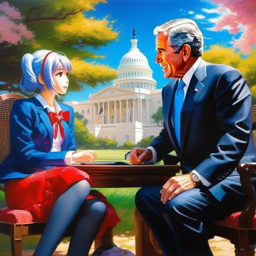 Prompt: George W Bush meets anime girls, anime style, extremely detailed painting by Greg Rutkowski and by Henry Justice Ford and by Steve Henderson 