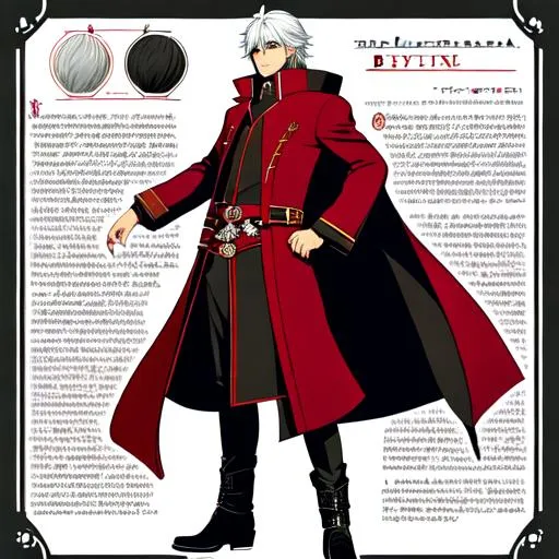 Prompt: Dante's design were centered around three key points; "[a] long, stylish coat" to make the character "showy", "[a] British man" as Kamiya wanted him to be a "witty, yet traditional fighting man", and "doesn't smoke cigarette[s]", believing that the character was too cool to smoke.[5]