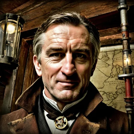 Prompt: "Photorealistic weathered male sea captain with mechanical leg, Victorian sailing coat with hidden weapon compartments, antique appraisal tools at belt, steampunk spyglass, treasure map with eldritch markings, dockside office with cursed artifacts in locked display cases --ar 3:4 --s 1000"