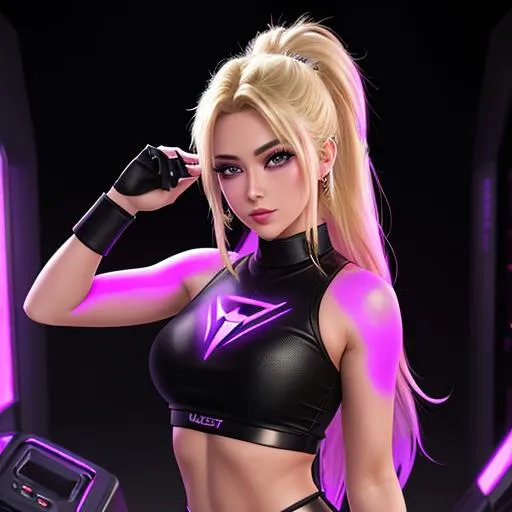 Prompt: European girl, Make-up, laser tag, laser tag west, crop top, black light, blonde hair, violet ends, hard side cut, one side hair, other side shaved, blushing, shooting, abdominals, digital painting,  digital illustration,  extreme detail,  digital art,  4k,  ultra hd