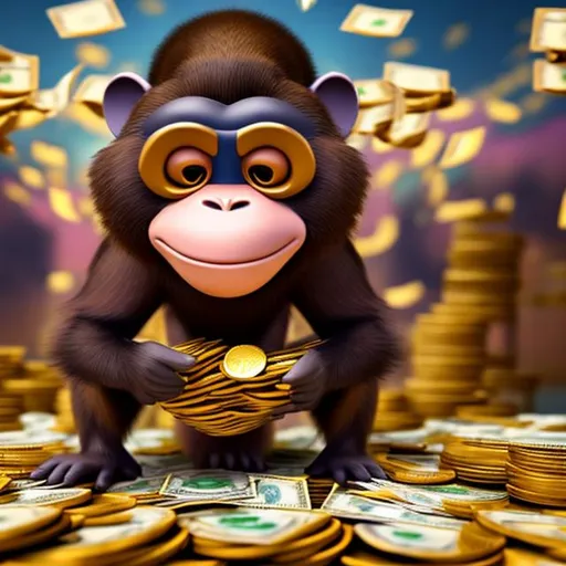 Prompt: full body, (a tribe of anthropomorphic monkey women putting there hands on a giant stack of cash:1.2),