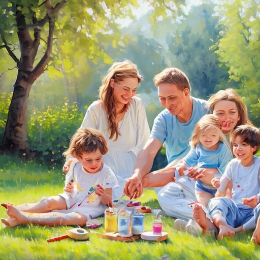 Prompt: Cosy painting of summer day with family