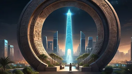 Prompt: magical portal between cities realms worlds kingdoms, circular portal, ring standing on edge, upright ring, freestanding ring, hieroglyphs on ring, complete ring, obelisks, ancient egyptian architecture, gardens, hotels, office buildings, shopping malls, fountains, large wide-open city plaza, panoramic view, night sky, futuristic cyberpunk dystopian setting
