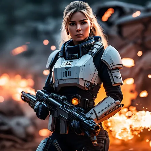 Prompt: create a photograph of beautiful fictional elite space soldier female fighting in war, extremely detailed environment, detailed background, intricate, detailed skin, natural colours , professionally colour graded, photorealism, 8k, moody lighting