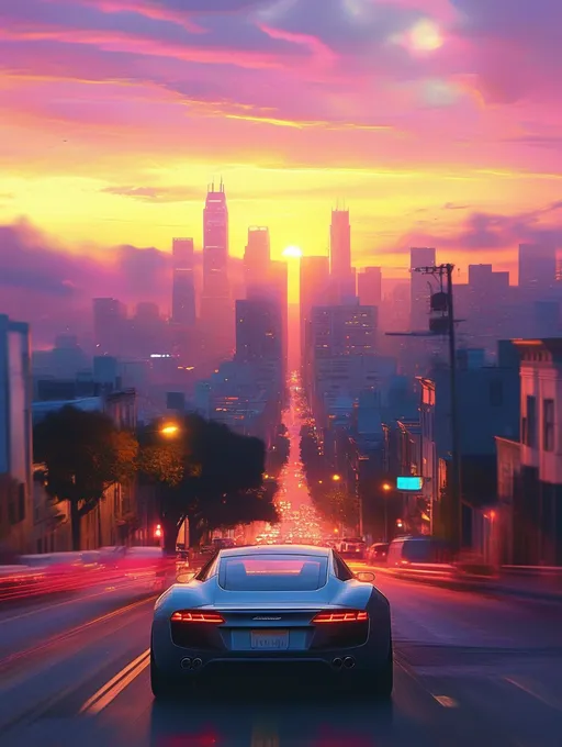 Prompt: A sleek car driving down an urban street, vibrant city skyline in the background, bathed in the warm hues of sunset. The dreamcore aesthetic permeates the scene, blending surreal elements with reality. Evocative, atmospheric city designs, with soft reflections creating a mesmerizing visual experience, in HD, photorealistic quality, capturing the essence of this tranquil moment inspired by video art.