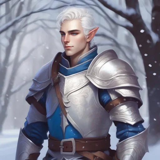 Prompt: DND a male elf with short fluffy white hair and blue eyes wearing plate armor in a snowy park