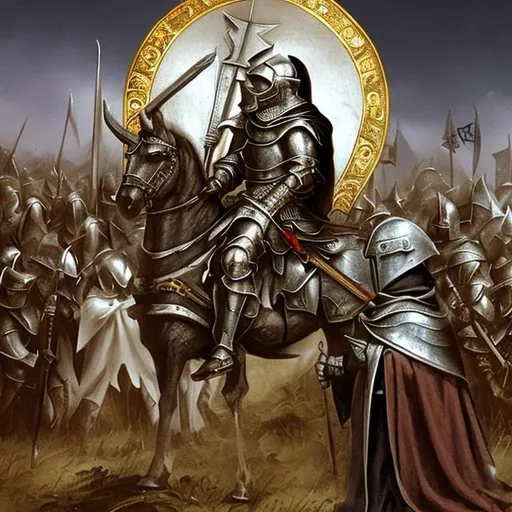 Prompt: Crusader knight on holding a cross