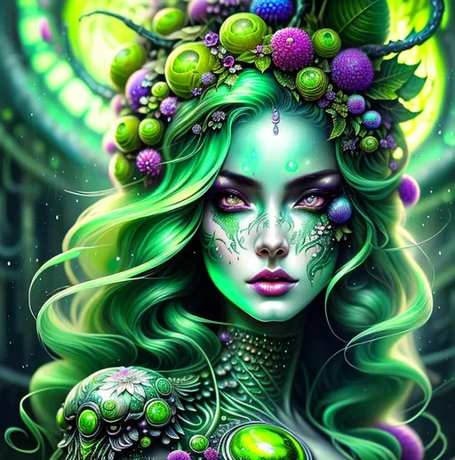 Prompt: Beautiful Poison goddess covered in uranium with detailed green features in a vat of acid with illuminating drops, biohazard; by anna dittmann, floradriel, digital painting, extreme detail, 120k, ultra hd, hyper detailed, toxic, wlop, digital painting, bright green body, covered in Ivy dress, anime character, background digital painting, digital illustration, extreme detail, digital art, ultra hd, vintage photography, beautiful, aesthetic, style, hd photography, hyperrealism, extreme long shot, telephoto lens, motion blur, wide angle lens, sweet,