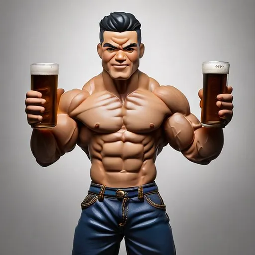 Prompt: funko pop happy clean shaven asian bodybuilder action figurine holding a beer, made of plastic, product studio shot, on a white background, diffused lighting, centered