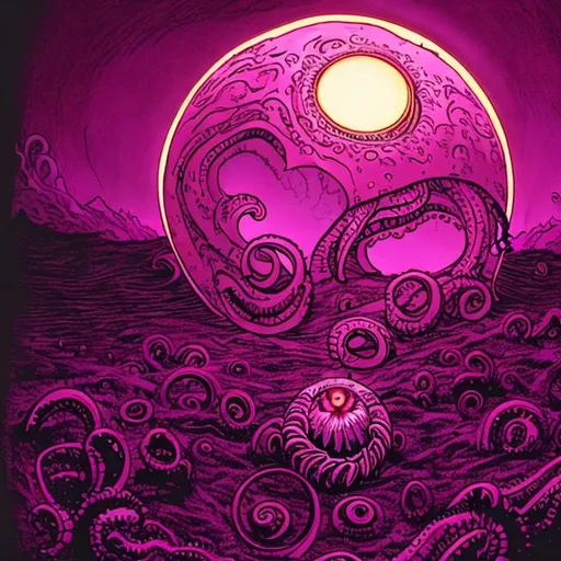 Prompt: bright magenta glowing ball of light, in the middle a curled up sleeping lovecraftian