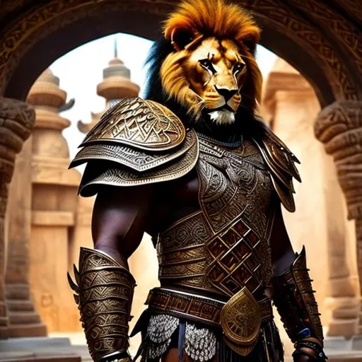 Prompt: barbarian, African Tribal Armor, Mask, a fusion between a man and a lion, in temple background, {{holding sword}}