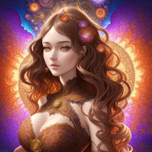 Prompt: full color fractal mandelbrot newton background in voronoi sky and sun, Beautiful woman, fantasy, intricate, highly-detailed, elegant, dramatic lighting, gorgeous face, lifelike, photorealistic face, curl long brown Hair, long luxurious lace gown, digital painting, artstation, illustration, concept art, smooth, sharp focus, art by Jude Palencar, Luis Royo, John Collier and Albert Aublet and Krenz Cushart and Artem Demura and Alphonse Mucha, highly detailed painting, looking at viewer, portrait, photography, detailed skin, realistic, photo-realistic, 8k, highly detailed, full length frame, High detai