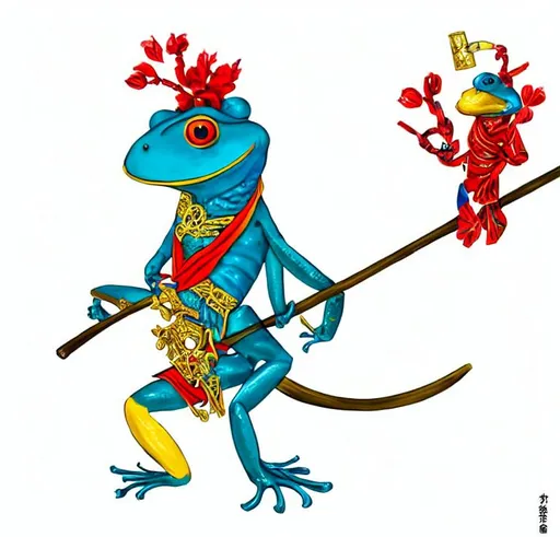 Prompt: venomous anthropomorphic Costa Rica blue frog humanoid wearing a red silk kimono and gold hindu jewelry, carying a japanese bow and quiver in a japanesse Wes Anderson's movie, dnd samurai frogfolk, photorealistic