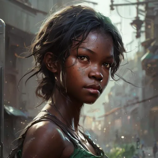 Prompt: photorealistic Closeup face portrait of a nigerian warrier princess  dark black hair and green eyes smooth soft skin, with few scars small shallow eyes, beautiful intricate colored hair, symmetrical, savannah background soft lighting, detailed face, by makoto shinkai, stanley artgerm lau, wlop, rossdraws, concept art, digital painting, looking into camera