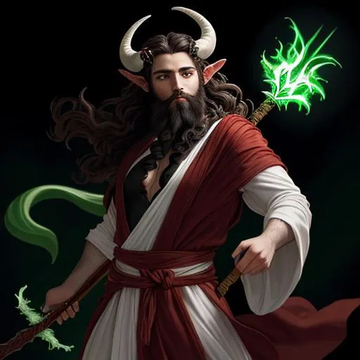 Prompt: Theros satyr with dark hair, beard and white curly horns, green eyes, wearing a black laced shirt and red and green robes over,  wielding a white staff crackling with wild magic
