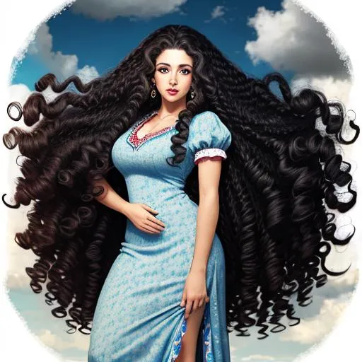 Prompt: a woman with long curly hair by Mark Summers.  +symmetrical eyes, +fine lines, +eyes, +mouth, +hands, +feet,
+long modest dress, 
+weather and clouds,
+HDR, +8k, +UHD, 
+Ensure good overall design,
+Ensure good overall composition,
+Ensure good proportions,