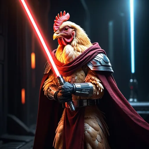 Prompt: (chicken wielding an unstable red lightsaber), detailed armor, dramatic cloak, high quality, digital illustration, (sci-fi fantasy), cool tones, intense lighting, epic atmosphere, dynamic action pose, intricate textures on the armor, vivid red glow from the lightsaber, cinematic feel, ultra-detailed elements, striking contrasts in lighting, environmental effects emphasizing sci-fi elements.