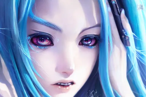 Prompt: Closeup face portrait of Hatsune Miku, smooth soft skin, big dreamy eyes, beautiful intricate colored hair, symmetrical, anime wide eyes, soft lighting, detailed face, goth makeup, by makoto shinkai, stanley artgerm lau, wlop, rossdraws, concept art, digital painting