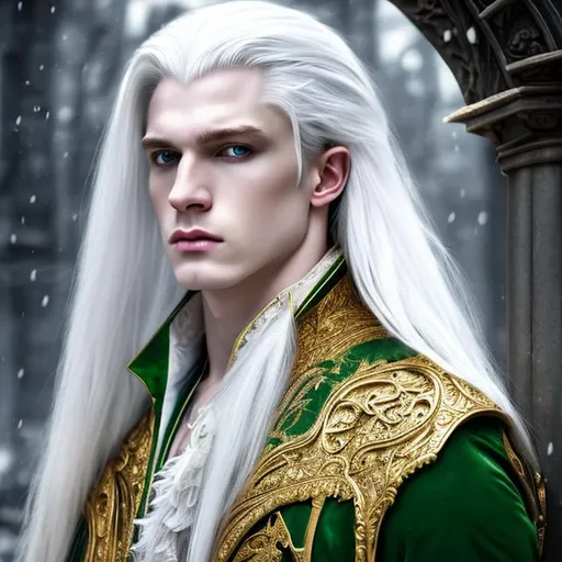 Prompt:  8K, HD, 3D, portrait of beautiful albino male, photorealistic, noble handsome male, dynamic pose,pale beautiful face, grey stunning eyes, delicate, extra long white straight hair, elegant green wizard clothes, intricate, detailed, charming male, light contrast, noble, perfect anatomy, gothic dark room ambient, perfect male beauty, golden ratio