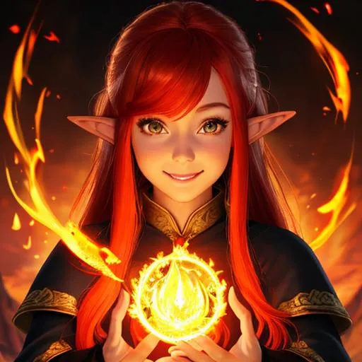 Prompt: oil painting, fantasy, hobbit girl, tanned-skinned-female, beautiful, bright red hair, straight hair, rosy cheeks, elf ears, smiling, looking at the viewer, summoner wearing intricate black and red robes and casting a fire spell, #3238, UHD, hd , 8k eyes, detailed face, big anime dreamy eyes, 8k eyes, intricate details, insanely detailed, masterpiece, cinematic lighting, 8k, complementary colors, golden ratio, octane render, volumetric lighting, unreal 5, artwork, concept art, cover, top model, light on hair colorful glamourous hyperdetailed medieval city background, intricate hyperdetailed breathtaking colorful glamorous scenic view landscape, ultra-fine details, hyper-focused, deep colors, dramatic lighting, ambient lighting god rays, flowers, garden | by sakimi chan, artgerm, wlop, pixiv, tumblr, instagram, deviantart