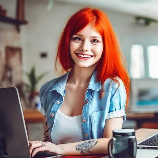 Prompt: pretty woman with red hair, a computer egineer, short shirt an tattoos. she looking in front of the camera and smile friendly
