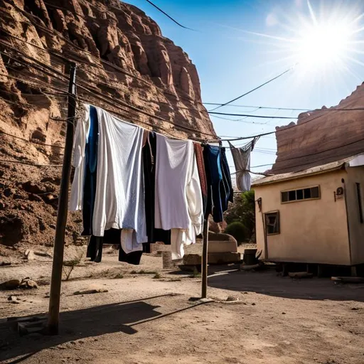 Prompt: washed clothes loaded on a high-voltage wire, extremely detailed, strong sunlight, 8K