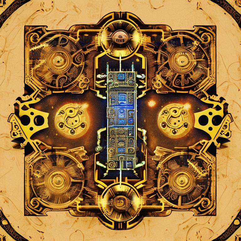 magic box fantasy illustration magical steampunk ancient scrolls and mechanical blueprints mysti