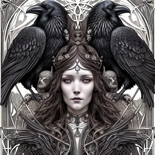 Prompt: ultra realistic goddess of death and goddess of life with two ravens on both sides
, art nouveau-digital art style