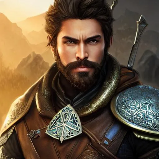 Prompt: Artgerm, 3d render, young mercenary man with brown hair, green eyes and short beard  | intricate rogue armor | d & d, atmospheric, elder scrolls, Intricate,  airbrush art, Scenic, Hyper-Realistic, CryEngine, Octane Render, 8k, symmetrical face, accurate anatomy 