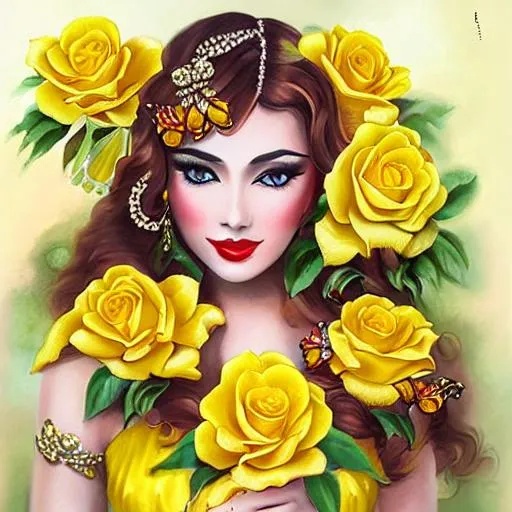 Prompt: Painted lady with yellow roses