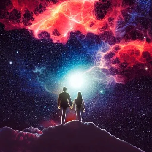 Prompt: long shot scenic professional photograph of {2 shadows holding hands in space, starry night}, perfect viewpoint, highly detailed, wide-angle lens, hyper realistic, with dramatic sky, polarizing filter, natural lighting, vivid colors, demon slayer style, everything in sharp focus, HDR, UHD, 64K